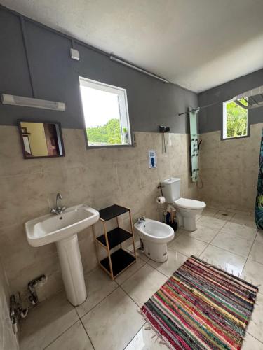 a bathroom with a sink and a toilet and a window at L'herbe à pic. in Les Abymes