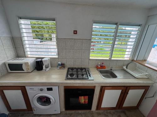 a kitchen with a sink and a stove and a microwave at L'herbe à pic. in Les Abymes