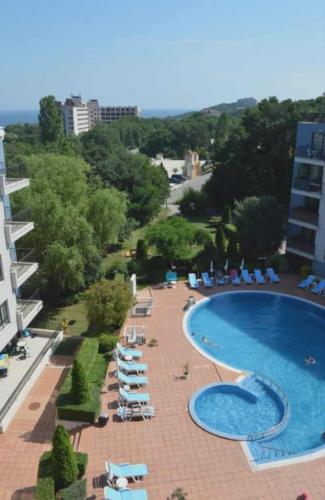 a view of a swimming pool and chairs and a building at Amphora Palace Apartment Complex in Golden Sands