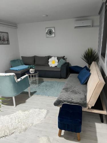 Una sala de estar con un sofá, una mesa y una silla. en Zeravica apartmani, en Šid