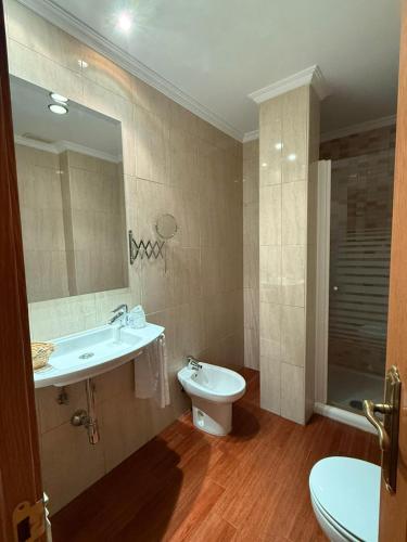 a bathroom with a sink and a toilet and a mirror at Hotel Santa Teresa in Ávila
