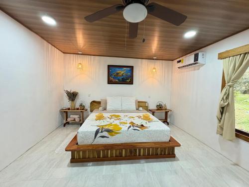 a bedroom with a bed and a ceiling fan at Casa Danta in Drake