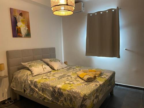 a bedroom with a bed with a curtain and a lamp at La Goelette in Vieux-Fort