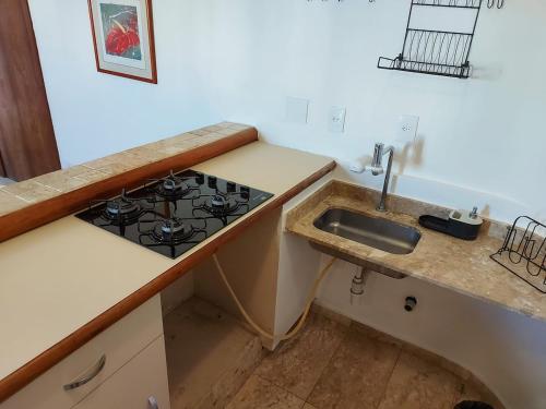a kitchen with a stove and a sink at Flat com Piscina e Academia in Uberaba