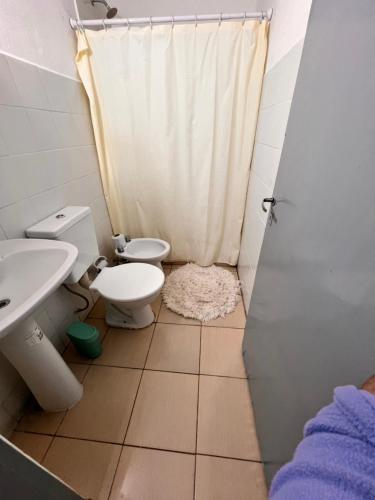ein Badezimmer mit Toilette, Waschbecken und Dusche in der Unterkunft Casa de dos dormitorios en villa adela a 10 minutos del centro para 7 personas se aceptan mascotas in Concordia