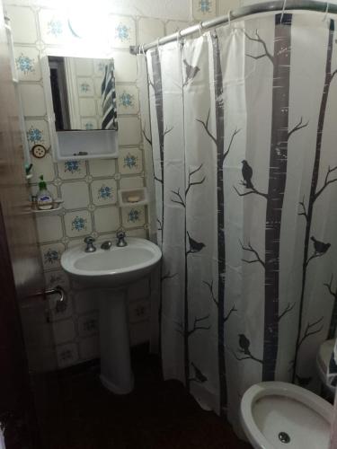 a bathroom with a sink and a shower curtain with birds on it at Departemento Garay in San Bernardo