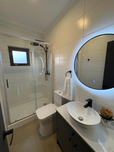 巴拉斯港Loft Río Maullín, naturaleza y descanso de la mano con la modernidad的浴室里有洗手池、马桶和镜子。