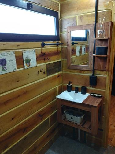 a bathroom with a sink in a wooden wall at Casas de Mar Cielo Azul in Balneario Reta