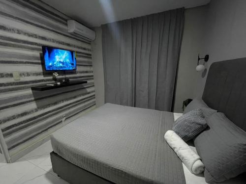 a bedroom with a bed and a tv on a wall at Apartamento cerca del aeropuerto en los frailes in Los Frailes