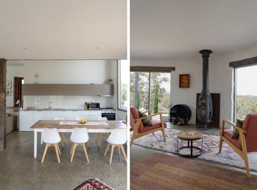 a kitchen and a living room with a table and chairs at Lithia Guest House - Daylesford Region in Hepburn Springs