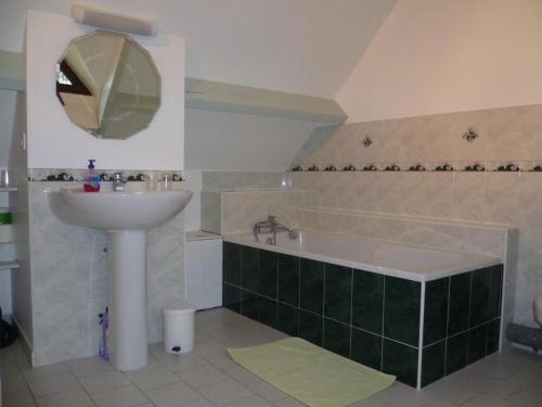 a bathroom with a sink and a bath tub at Charmante maison avec jardin clos à Cour-Cheverny, animaux acceptés - FR-1-491-387 in Cour-Cheverny