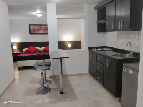 - une cuisine avec évier et un lit dans une chambre dans l'établissement Gran Hotel Coral, à Popayan