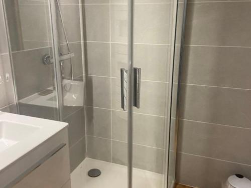 普拉茲德里斯Charmant studio mezzanine au centre du village, 8 pers, proche pistes - FR-1-815-23的浴室里有玻璃门的淋浴间