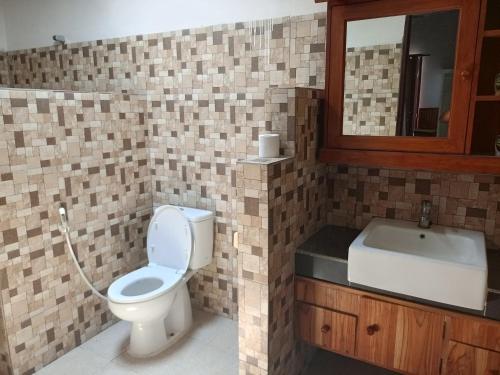 ein Badezimmer mit Toilette, Waschbecken und Spiegel in der Unterkunft Banana Leaf Resort in Gili Trawangan