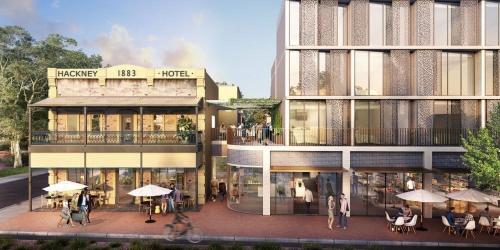 a rendering of a building with people sitting outside at Urban Rest Hackney Hotel in North Adelaide