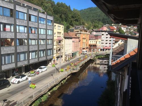 a view of a city with a river and buildings at Ferienwohnung im Herzen Bad Wildbads in Bad Wildbad