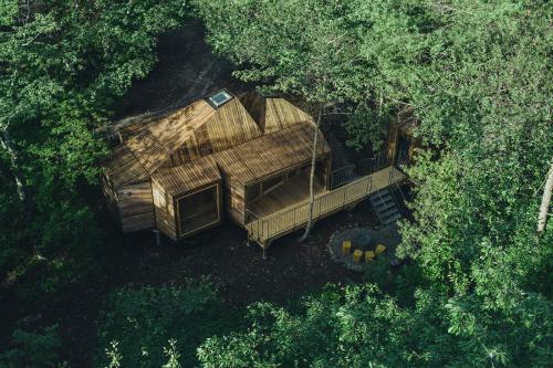 an overhead view of a large wooden house in the woods at SANU 2nd Home 北軽井沢 2nd in Kita-karuizawa
