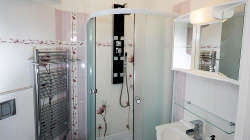 a bathroom with a shower and a sink at Black & White Apartment Prague by Wenceslas Square and Muzeum in Prague