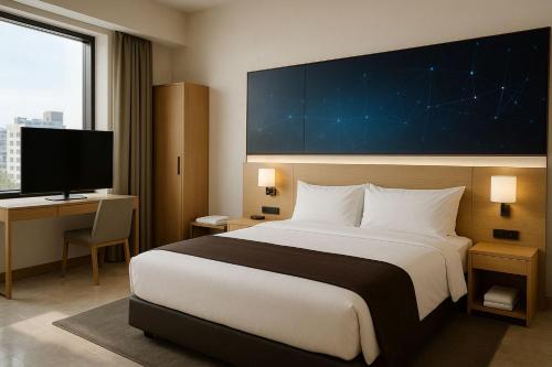 a hotel room with a large bed and a flat screen tv at Wenjin Culu in Elbasan