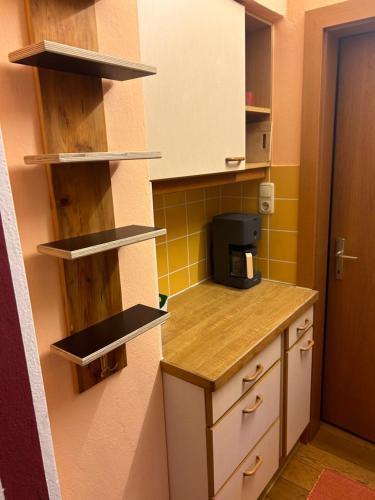 una cocina con encimera y cafetera en Apartement 1 Zur alten Press, en Jennersdorf