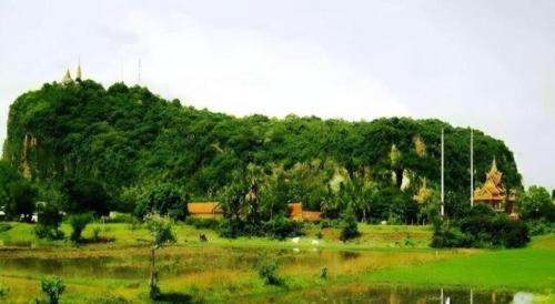 a green field with a pagoda on a hill at Vy Chhe Hotel in Battambang
