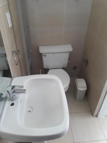 a white bathroom with a toilet and a sink at Onkel Inn Wagon Sleepbox Uyuni in Uyuni