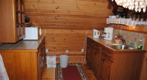 a kitchen with a counter and a sink in a cabin at Hotelli Luostarin Puutarha in Naantali