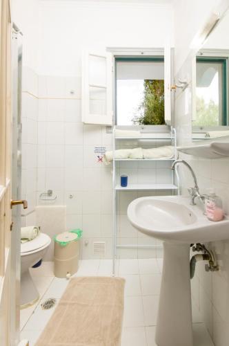 a white bathroom with a sink and a toilet at Rigos Apartments in Vitalades