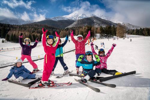 a group of children on skis in the snow at DESIGN RETREAT Schneeberg - Singlestudio, Gartenstudio, Whirlpool-Suite oder Maisonette-Suite in Puchberg am Schneeberg