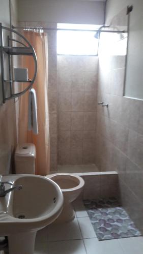 a bathroom with a sink and a toilet and a shower at Antares Inn in Lima