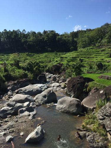 a river with people in the water and rocks at Mayoyao View Inn in Banaue