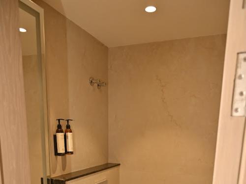 a bathroom with two bottles of wine on a wall at Arth Boutique and Hotel in Kota