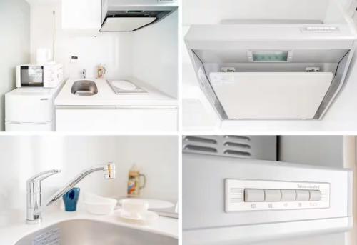 un collage de quatre photos d'une cuisine dans l'établissement japan house ebisu, à Tokyo