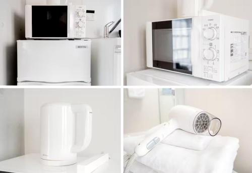 a collage of four pictures of a microwave and refrigerator at japan house ebisu in Tokyo
