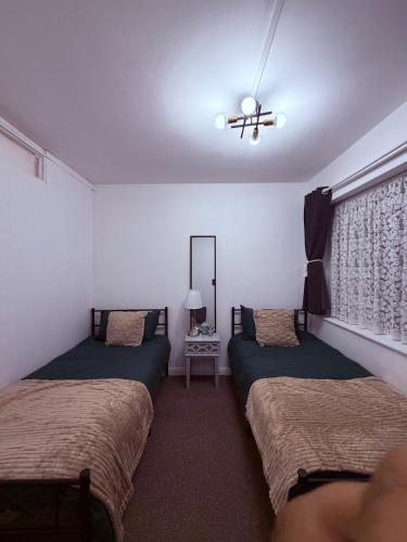 a bedroom with two beds and a ceiling fan at Ty Cwmbwrla in Swansea