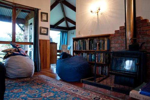 una sala de estar con un perro sentado en las almohadas junto a la chimenea en The Cottage en Wairoa