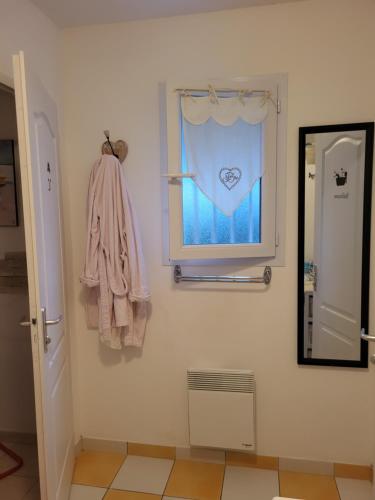ein Badezimmer mit einem Fenster und einem Spiegel und einem Spiegel in der Unterkunft Brigitte in Saujon