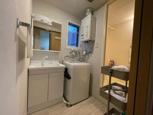 a small bathroom with a sink and a mirror at カピテーヌ琴似 in Sapporo