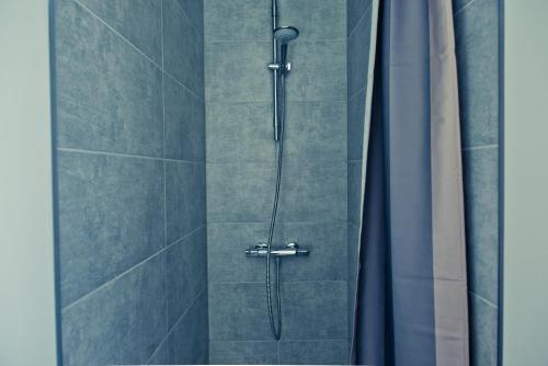 a shower stall with a glass door with a shower at Appart-Hotel Léopold Liège Centre in Liège