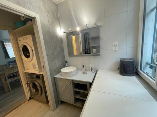 Un baño con lavabo y lavadora. en 3 pieces avec terrasse entre plage et centre ville, en Arcachon