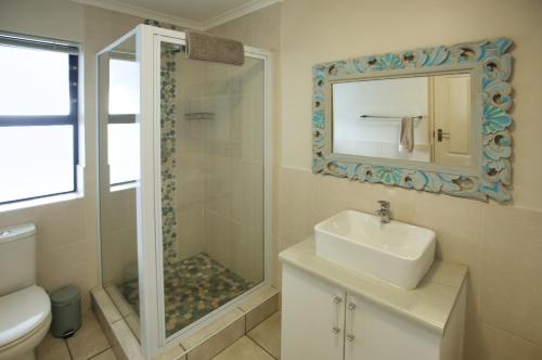 ein Badezimmer mit Dusche, Waschbecken und Spiegel in der Unterkunft Noa Haven, Langebaan, 4 Sleeper in Langebaan