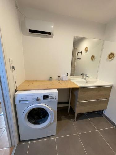a laundry room with a washing machine and a sink at Gîte au cœur des vignes, près du canal du Midi in Capestang