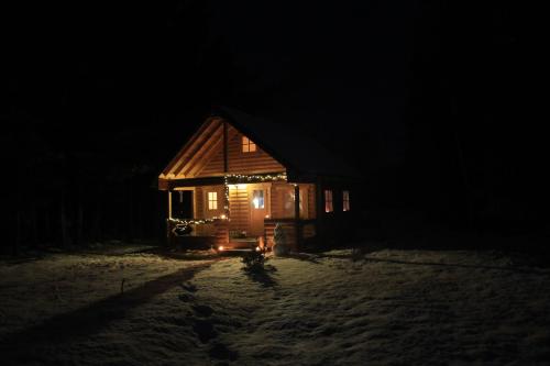 a log cabin in the snow at night at Nature Getaway Holiday Home in Mujaste