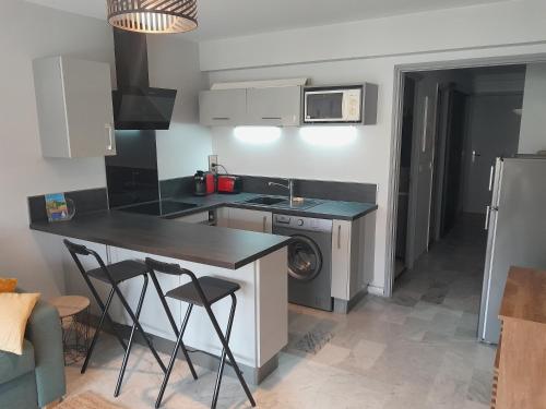 a kitchen with a counter and a sink and a dishwasher at Appartement à 100m de la plage in Mandelieu-la-Napoule