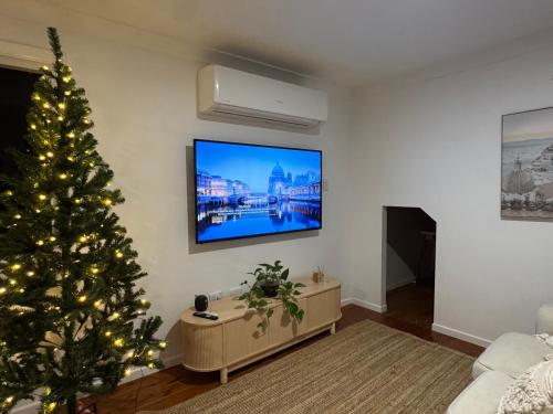 a living room with a christmas tree and a flat screen tv at Lammermoor Lodge Holiday Home Yeppoon in Yeppoon