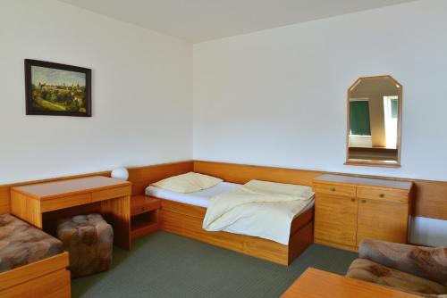 a small room with a bed and a mirror at Hotel BESTAR in Mladá Boleslav