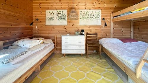 a bedroom with two beds and a desk in it at Original Architecture In Southern Norway in Søndeled
