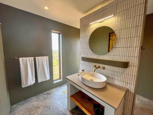 a bathroom with a sink and a mirror at Windvogels in Barrydale