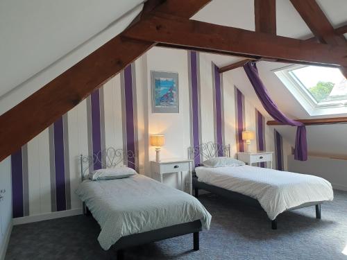a attic room with two beds and a window at Les Coquelicots classé 3 étoiles in Paimpol