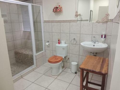 a bathroom with a toilet and a sink and a shower at Swasti Guesthouse in Boksburg